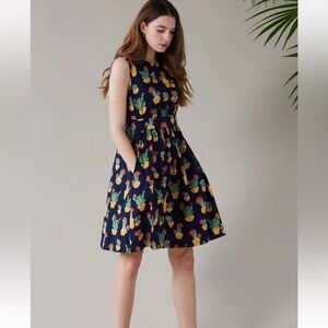 Emily And Fin Navy Lucy Cactus Succulent Sleeveless Dress Size XS